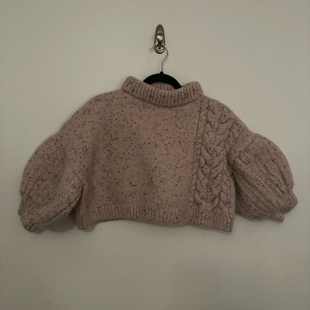 Cream Cowl Neck Sweater with Chunky Knit and Voluminous Sleeves